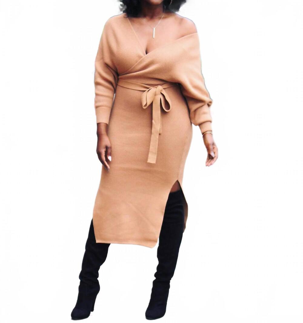 NEW THE CLOTHING COMPANY renee midi sweater dress in camel